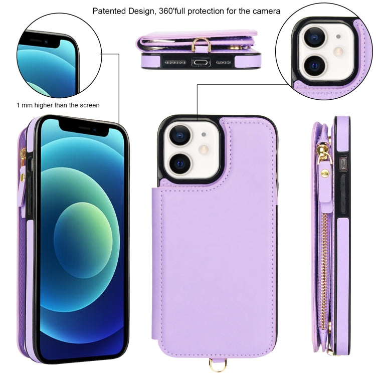 For iPhone 12 mini Double Flap Zipper RFID Leather Phone Case with Short Lanyard