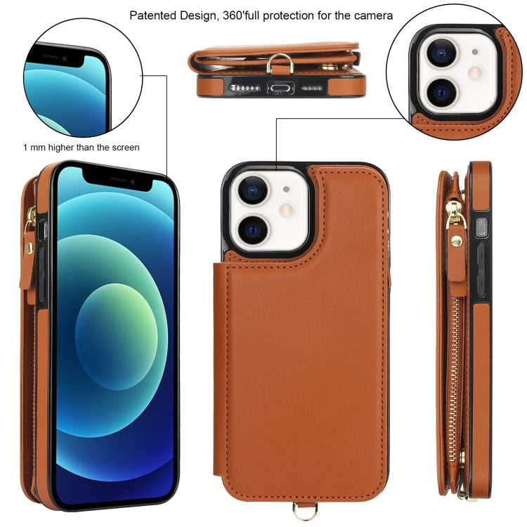 For iPhone 12 mini Double Flap Zipper RFID Leather Phone Case with Short Lanyard