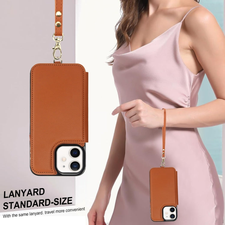 For iPhone 12 mini Double Flap Zipper RFID Leather Phone Case with Short Lanyard