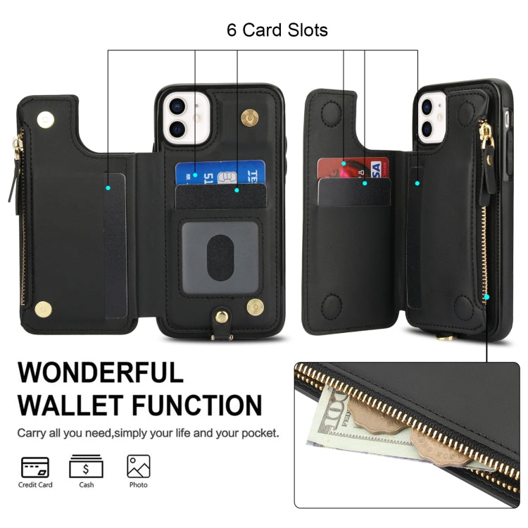 For iPhone 11 Pro Max Double Flap Zipper RFID Leather Phone Case with Short Lanyard