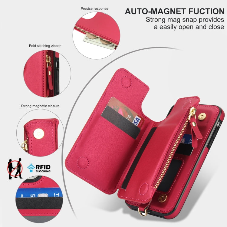 For iPhone 11 Pro Max Double Flap Zipper RFID Leather Phone Case with Short Lanyard