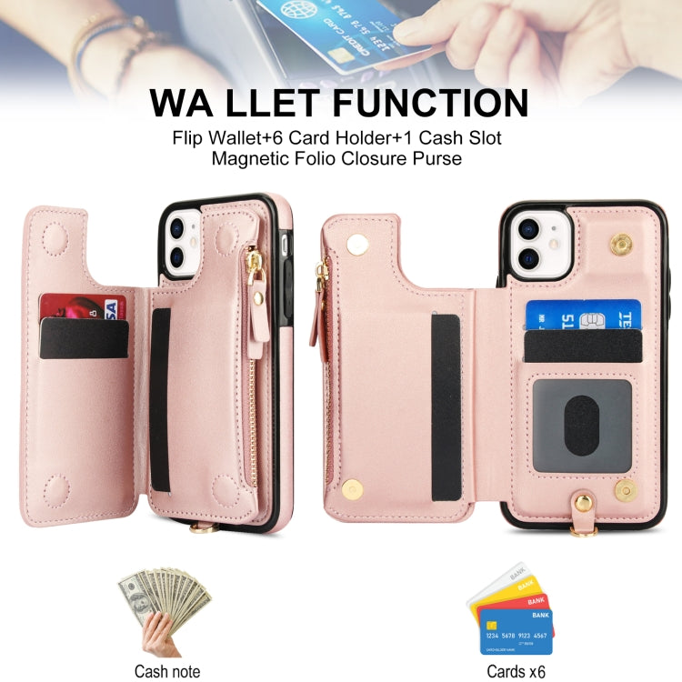 For iPhone 11 Pro Max Double Flap Zipper RFID Leather Phone Case with Short Lanyard