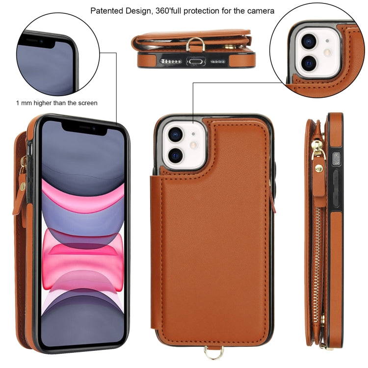 For iPhone 11 Pro Max Double Flap Zipper RFID Leather Phone Case with Short Lanyard