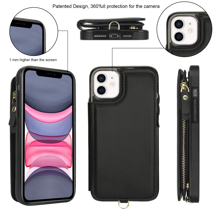 For iPhone 11 Double Flap Zipper RFID Leather Phone Case with Short Lanyard