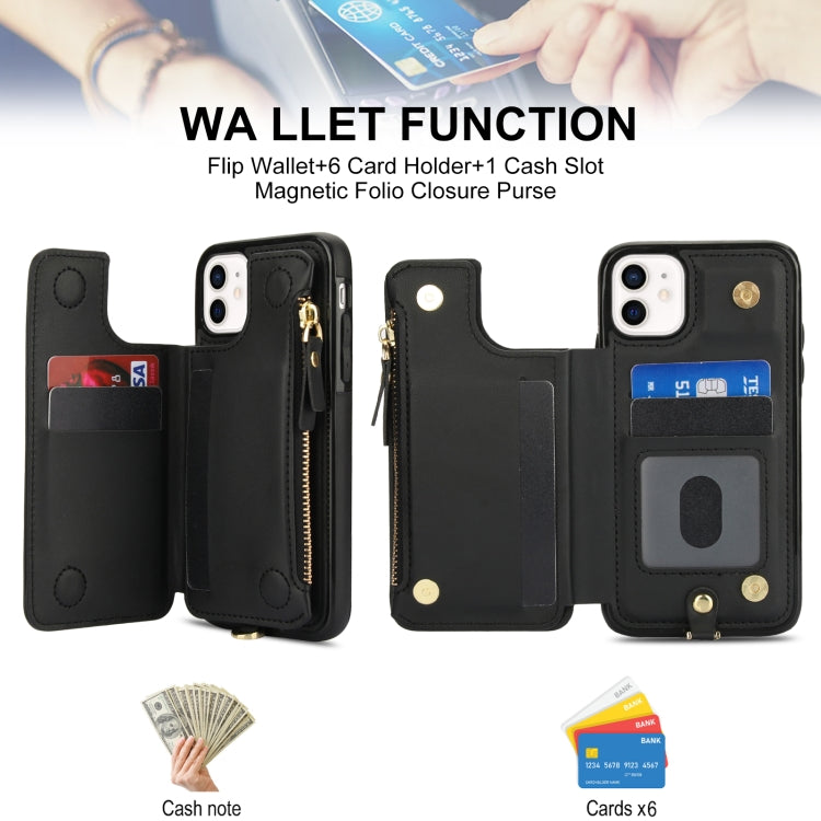 For iPhone 11 Double Flap Zipper RFID Leather Phone Case with Short Lanyard