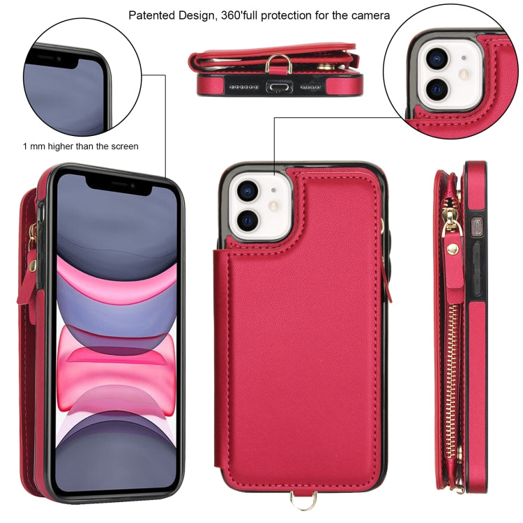 For iPhone 11 Double Flap Zipper RFID Leather Phone Case with Short Lanyard