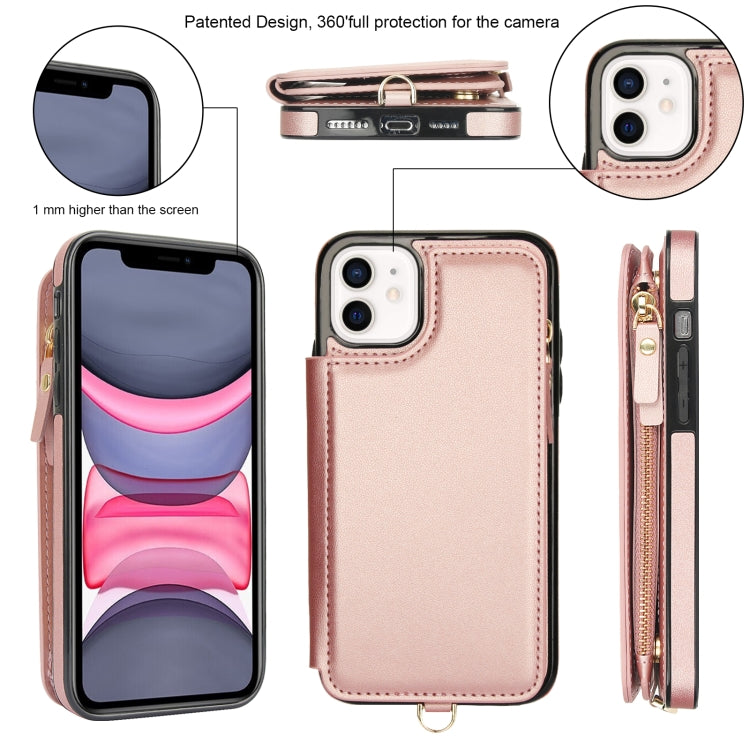 For iPhone 11 Double Flap Zipper RFID Leather Phone Case with Short Lanyard