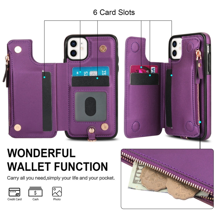 For iPhone 11 Double Flap Zipper RFID Leather Phone Case with Short Lanyard