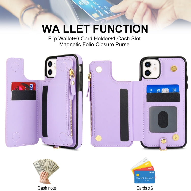For iPhone 11 Double Flap Zipper RFID Leather Phone Case with Short Lanyard