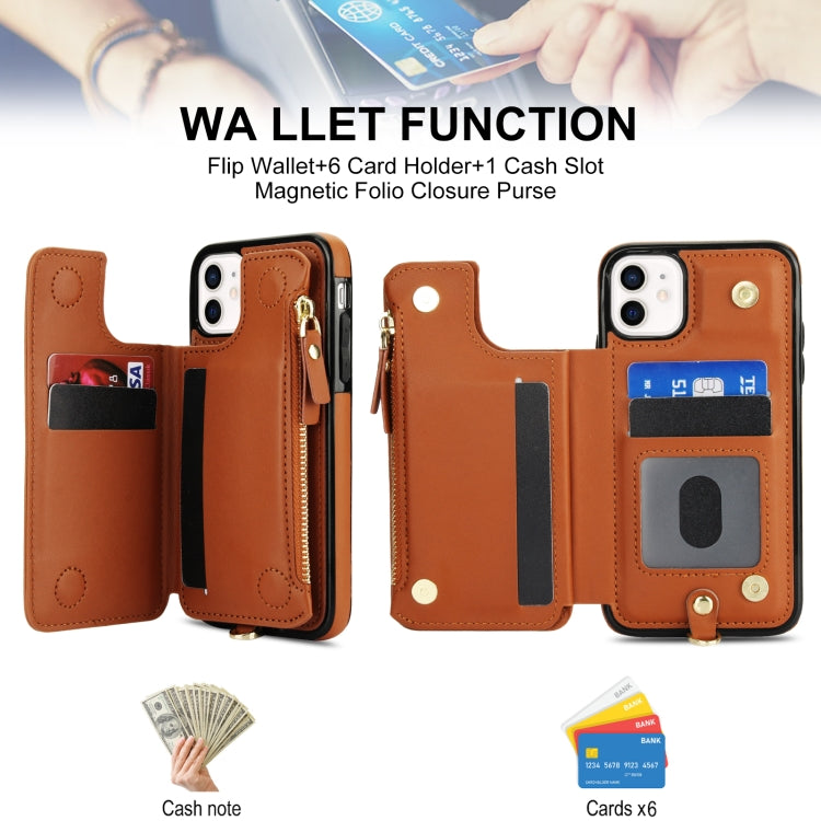 For iPhone 11 Double Flap Zipper RFID Leather Phone Case with Short Lanyard