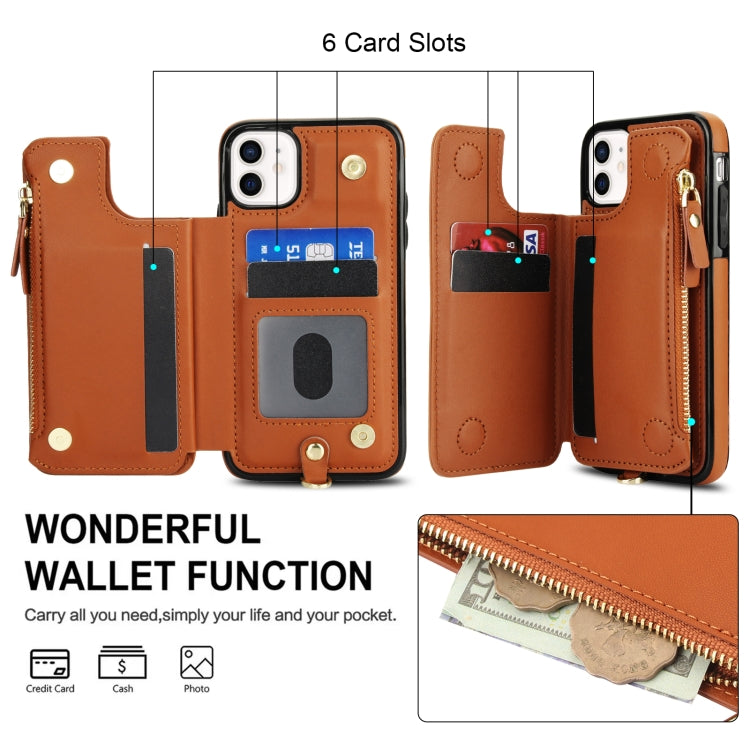 For iPhone 11 Double Flap Zipper RFID Leather Phone Case with Short Lanyard