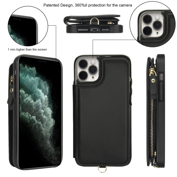 For iPhone 11 Pro Double Flap Zipper RFID Leather Phone Case with Short Lanyard