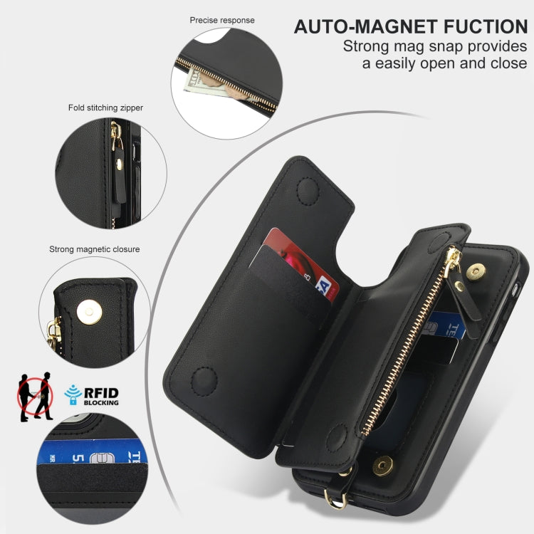 For iPhone 11 Pro Double Flap Zipper RFID Leather Phone Case with Short Lanyard