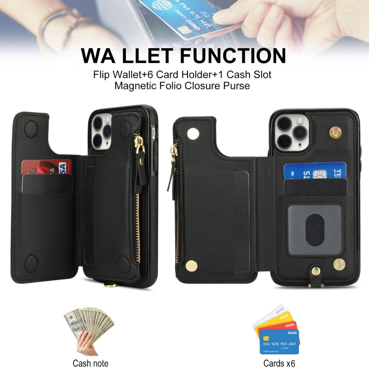 For iPhone 11 Pro Double Flap Zipper RFID Leather Phone Case with Short Lanyard