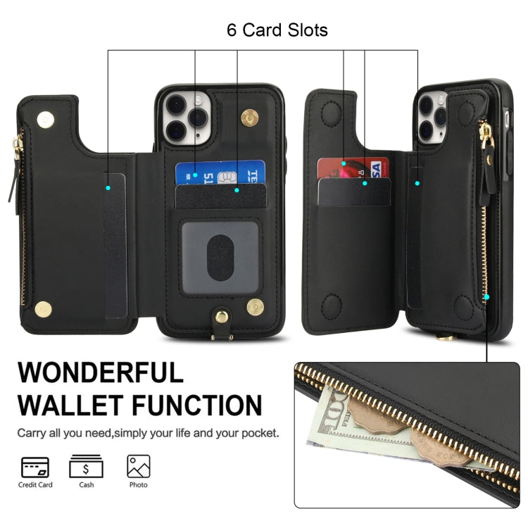 For iPhone 11 Pro Double Flap Zipper RFID Leather Phone Case with Short Lanyard