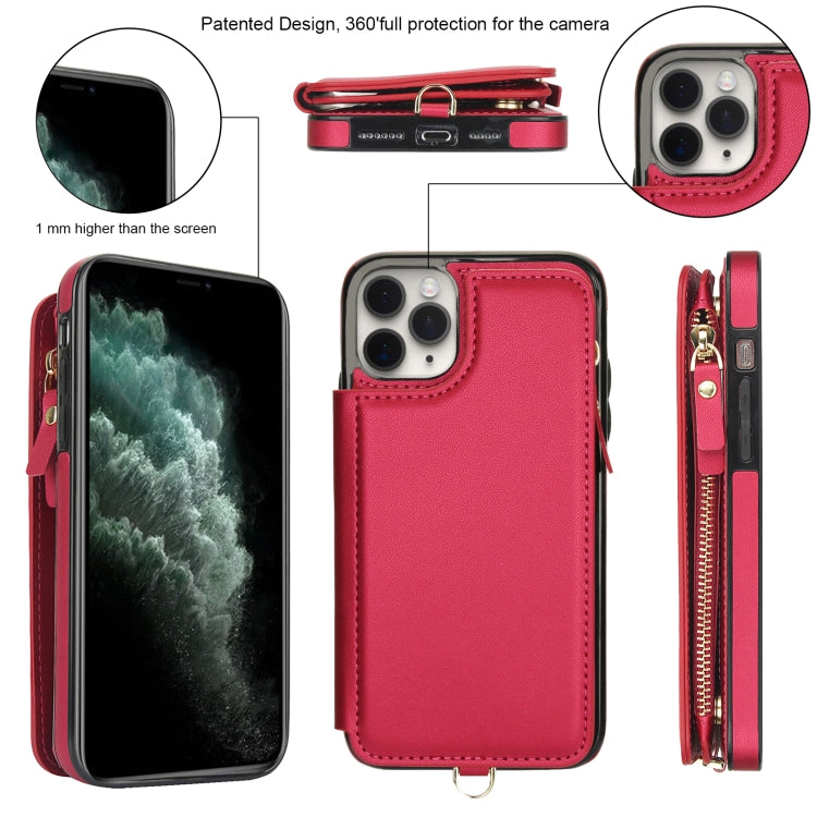 For iPhone 11 Pro Double Flap Zipper RFID Leather Phone Case with Short Lanyard