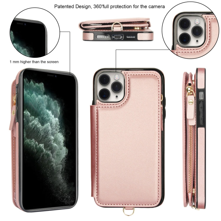 For iPhone 11 Pro Double Flap Zipper RFID Leather Phone Case with Short Lanyard