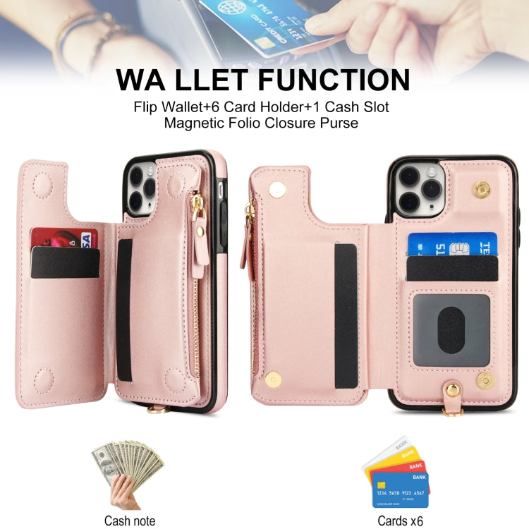For iPhone 11 Pro Double Flap Zipper RFID Leather Phone Case with Short Lanyard