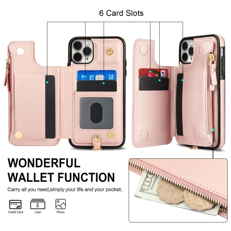 For iPhone 11 Pro Double Flap Zipper RFID Leather Phone Case with Short Lanyard