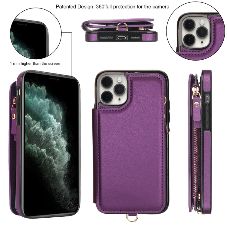 For iPhone 11 Pro Double Flap Zipper RFID Leather Phone Case with Short Lanyard