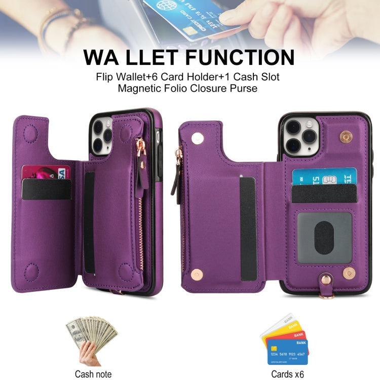 For iPhone 11 Pro Double Flap Zipper RFID Leather Phone Case with Short Lanyard