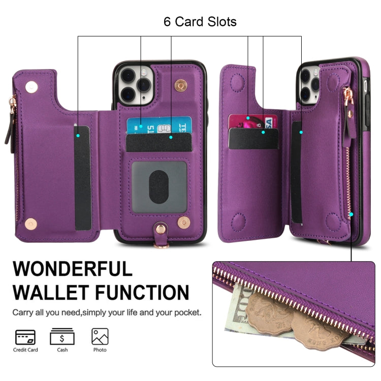 For iPhone 11 Pro Double Flap Zipper RFID Leather Phone Case with Short Lanyard