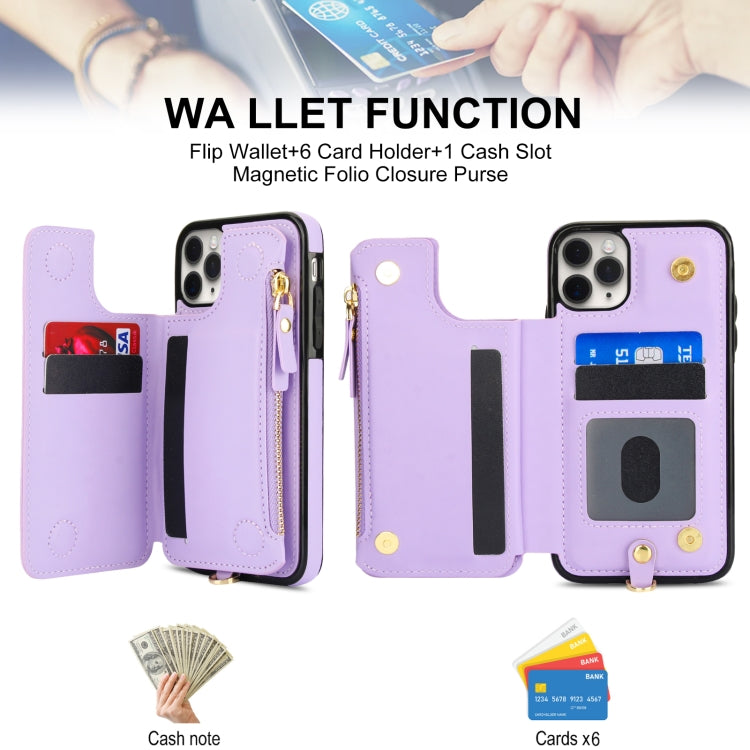 For iPhone 11 Pro Double Flap Zipper RFID Leather Phone Case with Short Lanyard