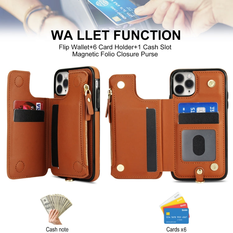 For iPhone 11 Pro Double Flap Zipper RFID Leather Phone Case with Short Lanyard