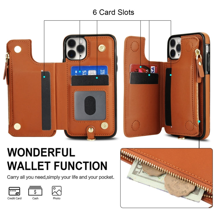 For iPhone 11 Pro Double Flap Zipper RFID Leather Phone Case with Short Lanyard