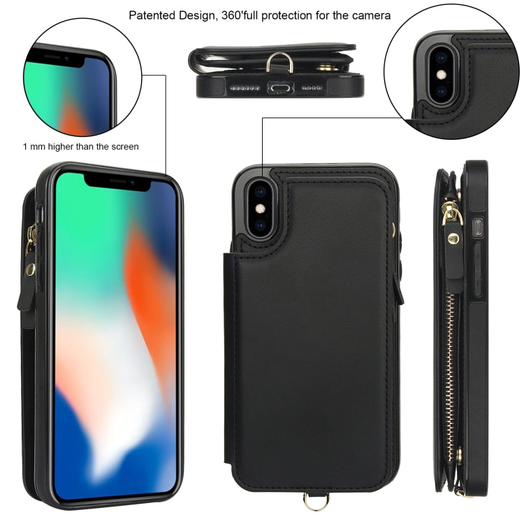 For iPhone X / XS Double Flap Zipper RFID Leather Phone Case with Short Lanyard