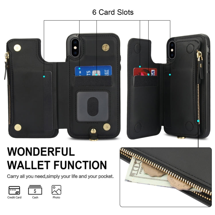 For iPhone X / XS Double Flap Zipper RFID Leather Phone Case with Short Lanyard