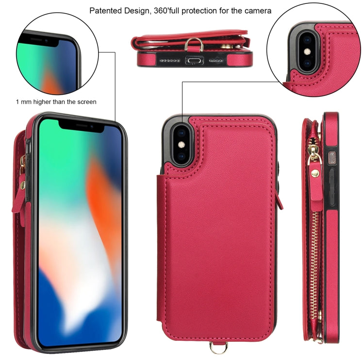 For iPhone X / XS Double Flap Zipper RFID Leather Phone Case with Short Lanyard