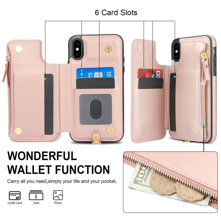 For iPhone X / XS Double Flap Zipper RFID Leather Phone Case with Short Lanyard