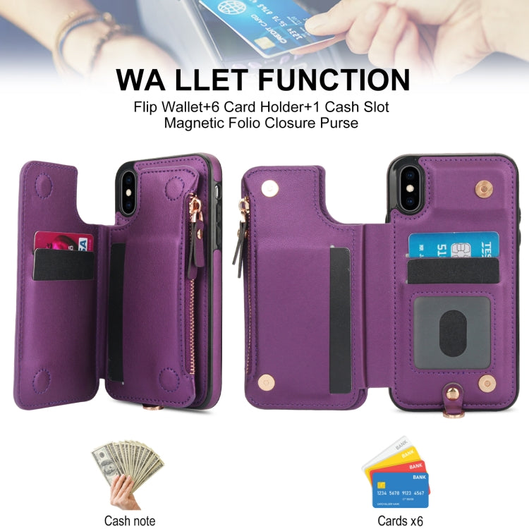 For iPhone X / XS Double Flap Zipper RFID Leather Phone Case with Short Lanyard