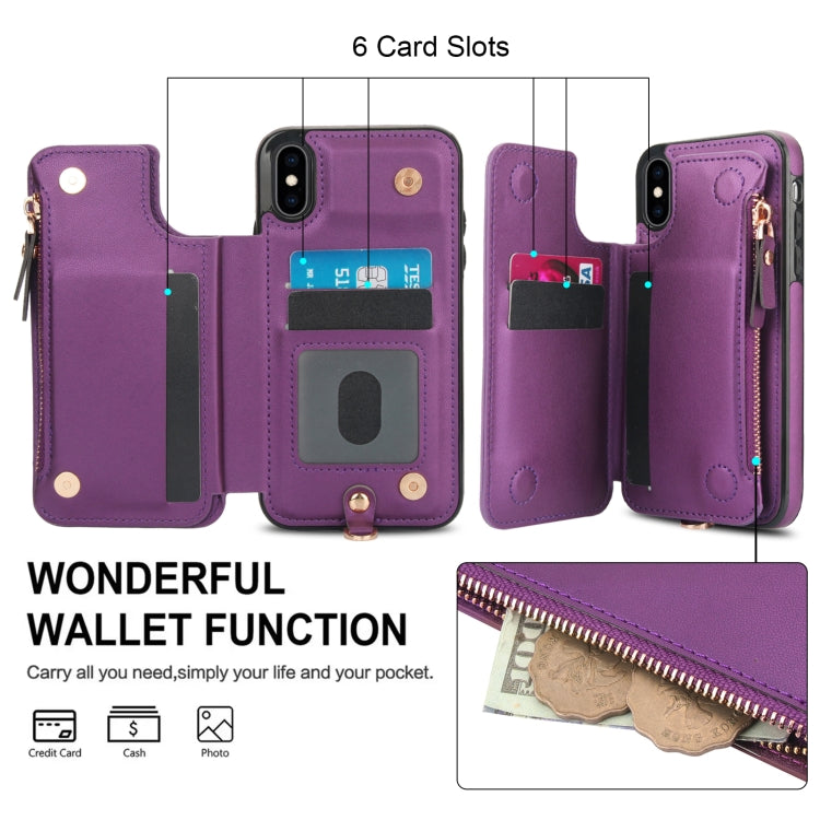 For iPhone X / XS Double Flap Zipper RFID Leather Phone Case with Short Lanyard