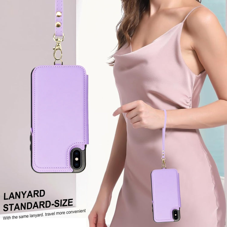For iPhone X / XS Double Flap Zipper RFID Leather Phone Case with Short Lanyard