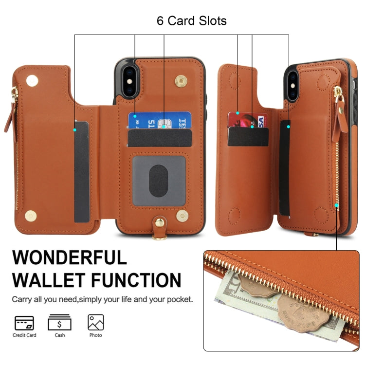 For iPhone X / XS Double Flap Zipper RFID Leather Phone Case with Short Lanyard
