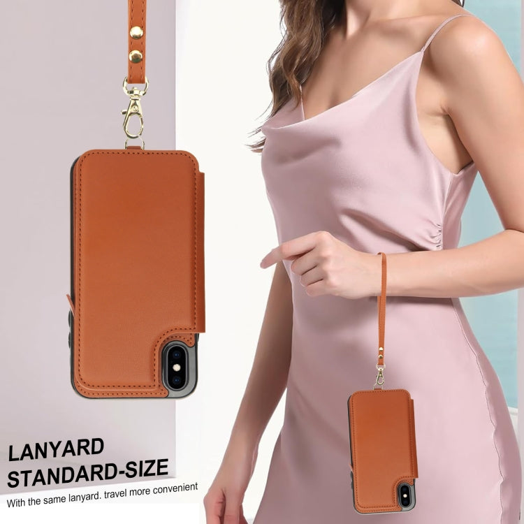 For iPhone X / XS Double Flap Zipper RFID Leather Phone Case with Short Lanyard