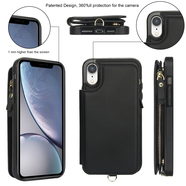 For iPhone XR Double Flap Zipper RFID Leather Phone Case with Short Lanyard