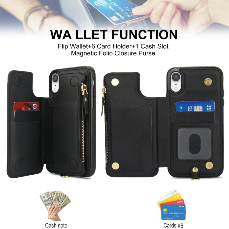 For iPhone XR Double Flap Zipper RFID Leather Phone Case with Short Lanyard