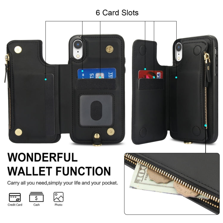 For iPhone XR Double Flap Zipper RFID Leather Phone Case with Short Lanyard