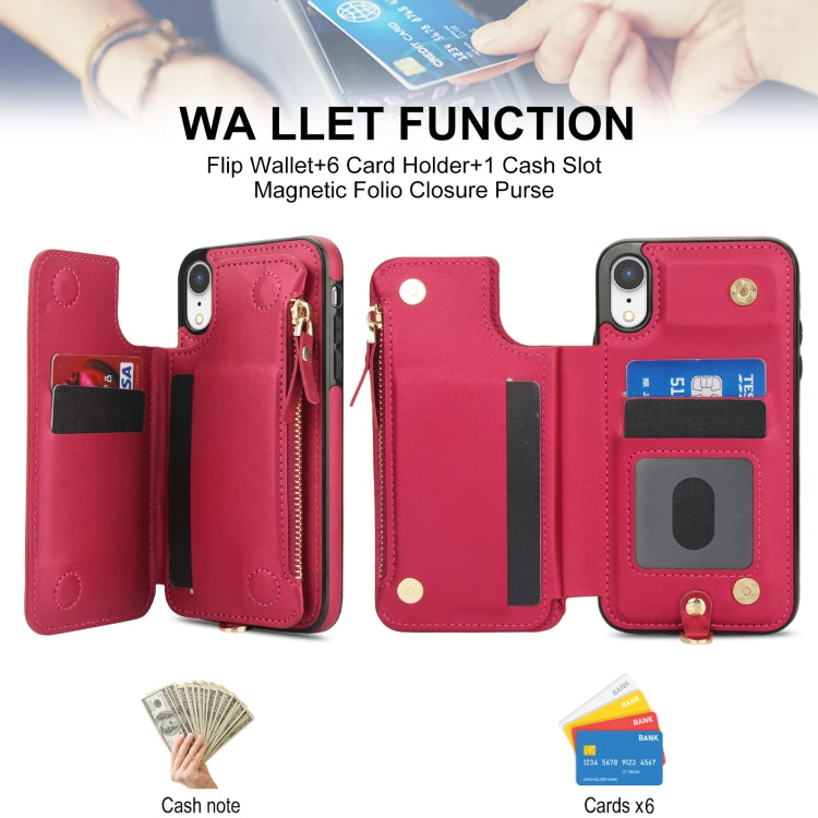 For iPhone XR Double Flap Zipper RFID Leather Phone Case with Short Lanyard
