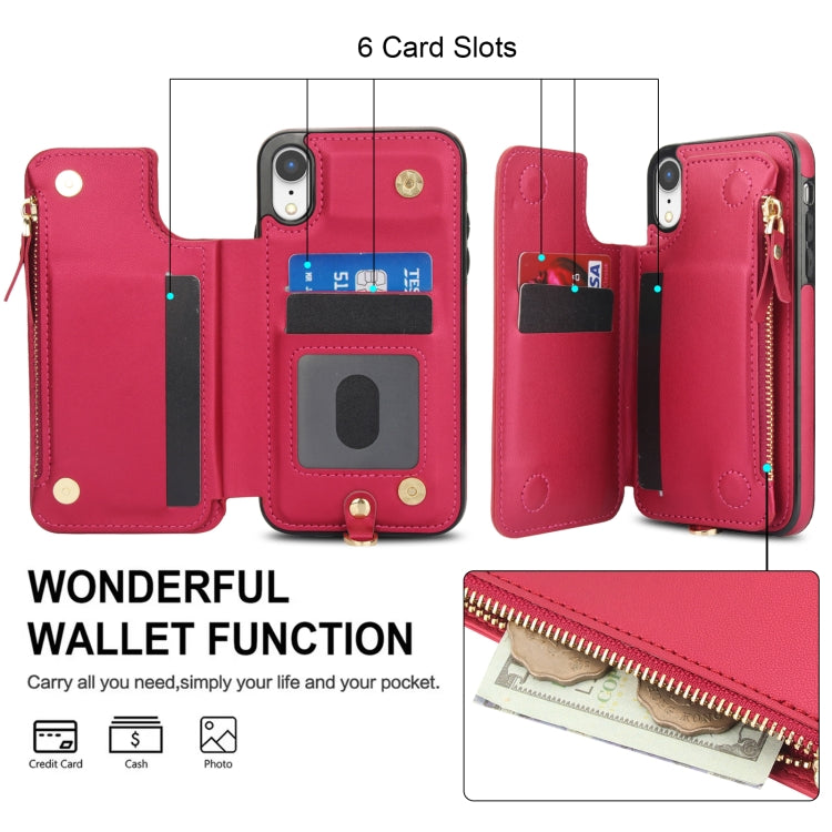 For iPhone XR Double Flap Zipper RFID Leather Phone Case with Short Lanyard