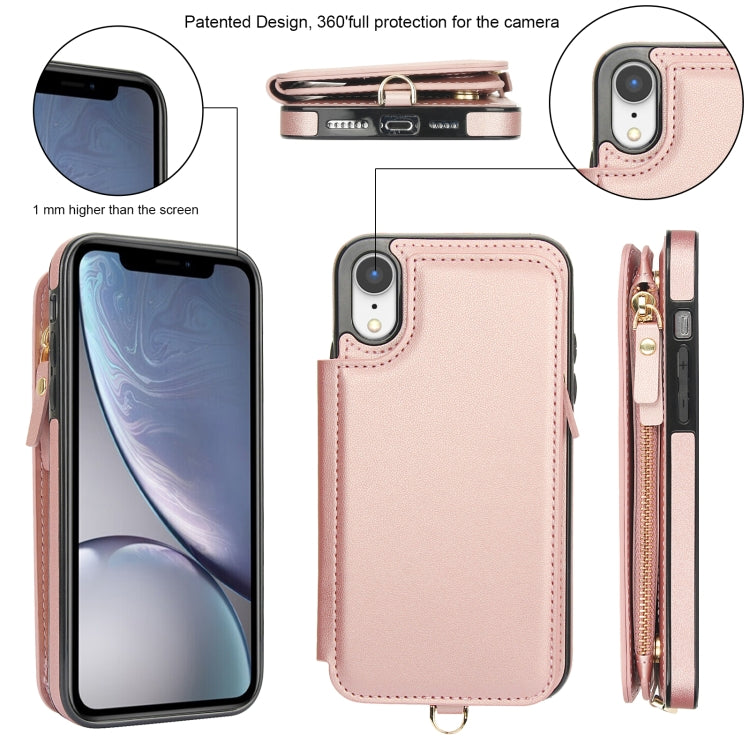 For iPhone XR Double Flap Zipper RFID Leather Phone Case with Short Lanyard