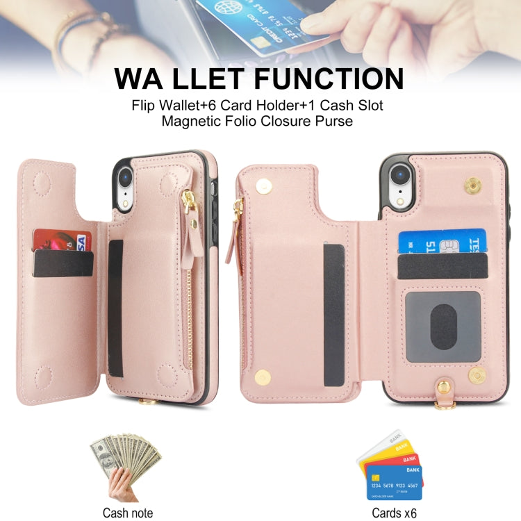 For iPhone XR Double Flap Zipper RFID Leather Phone Case with Short Lanyard