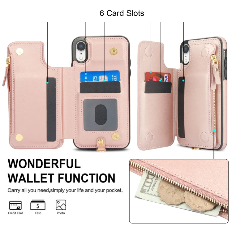 For iPhone XR Double Flap Zipper RFID Leather Phone Case with Short Lanyard