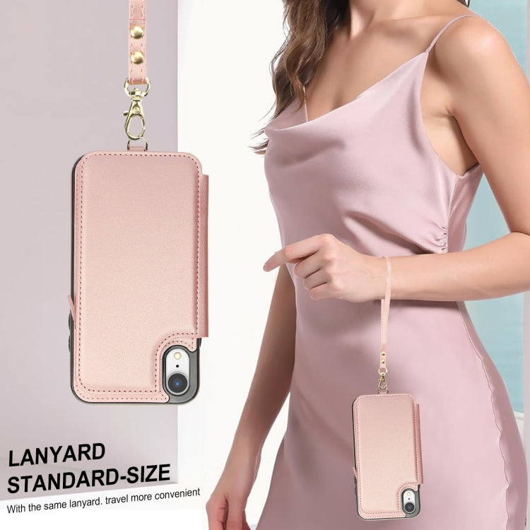For iPhone XR Double Flap Zipper RFID Leather Phone Case with Short Lanyard