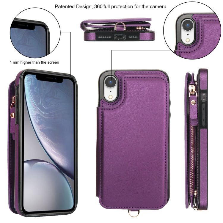 For iPhone XR Double Flap Zipper RFID Leather Phone Case with Short Lanyard