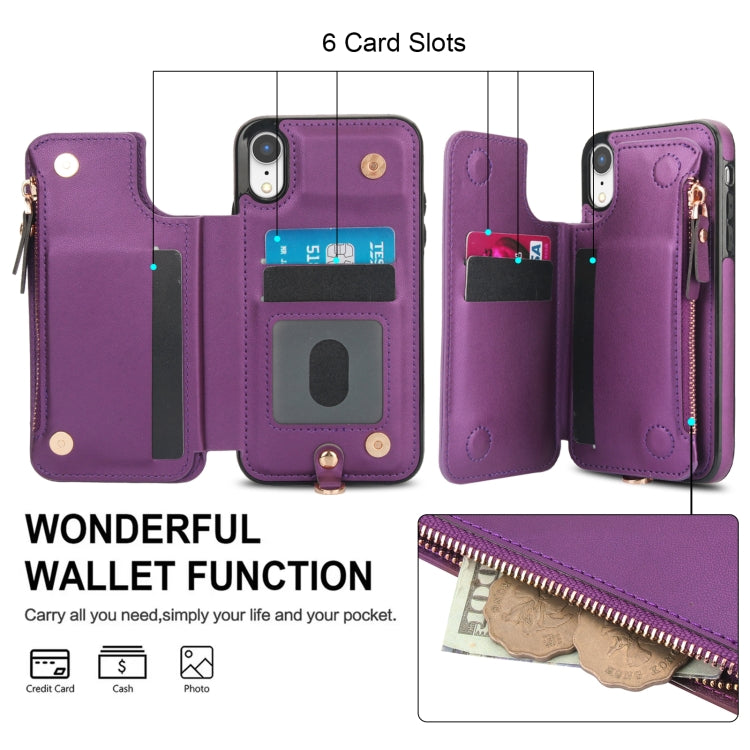 For iPhone XR Double Flap Zipper RFID Leather Phone Case with Short Lanyard