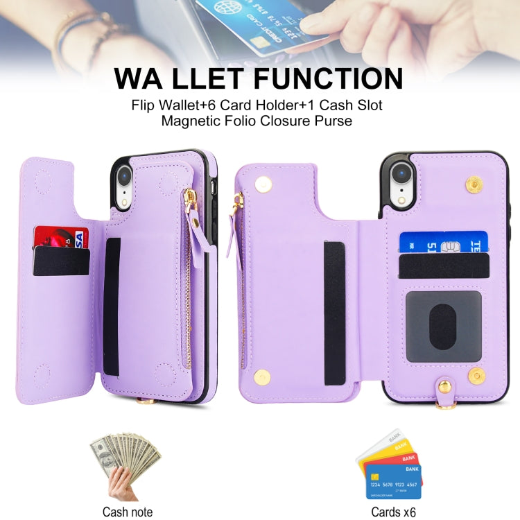 For iPhone XR Double Flap Zipper RFID Leather Phone Case with Short Lanyard